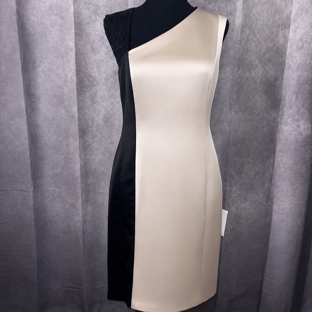 NWT Maggy London One Shoulder Sequin Sheath Dress Size 8 Black Champagne Formal